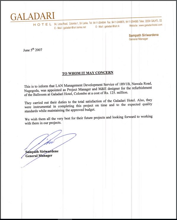 Galadari Hotel - Letter of Appointment for Ballroom Refurbishment
