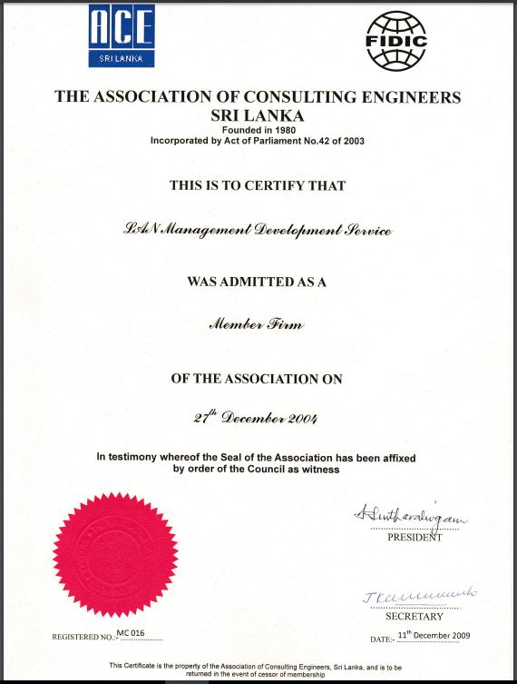 Certificate - Association of Consulting Engineers Certificate - Member Firm Admission to ACE